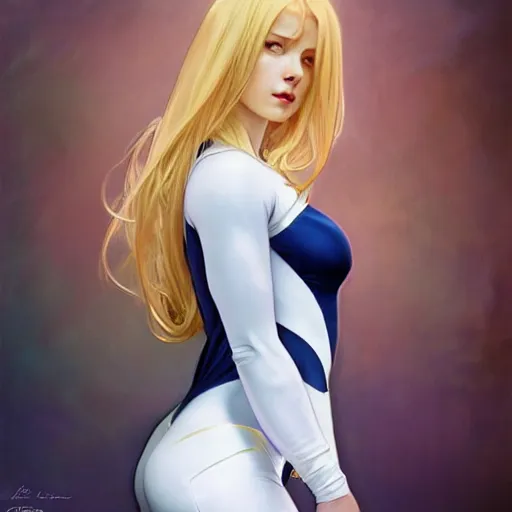Image similar to a beautiful portrait of a beautiful cute young superhero woman, blonde hair, tight solid matte navy - blue lycra bodysuit, white cape, intricate, elegant, 8 k, highly detailed, digital painting, concept art, smooth, sharp focus, illustration, by artgerm greg rutkowski alphonse mucha loish wlop