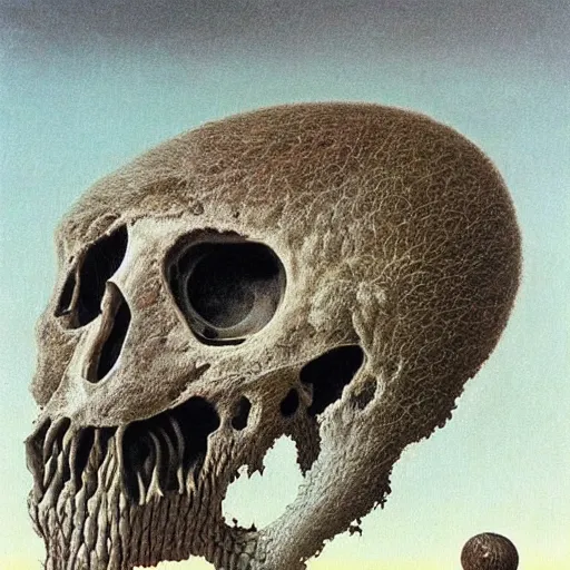 Prompt: emu skull as a zdzisław beksinski painting, surreal