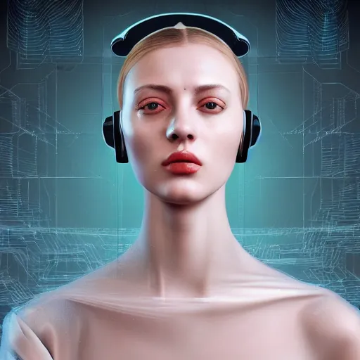 Image similar to hyperrealism aesthetic photography in caravaggio style quntum computer simulation visualisation of parallel universe cyberpunk scene with beautiful detailed ukrainian woman with detailed face wearing ukrainian traditional shirt and wearing retrofuturistic sci - fi neural interface designed by josan gonzalez. hyperrealism photo on pentax 6 7, by giorgio de chirico volumetric natural light rendered in blender