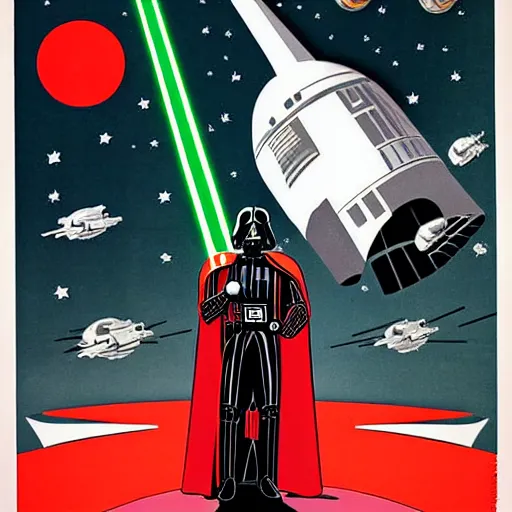 Image similar to darth vader in soviet space propaganda poster