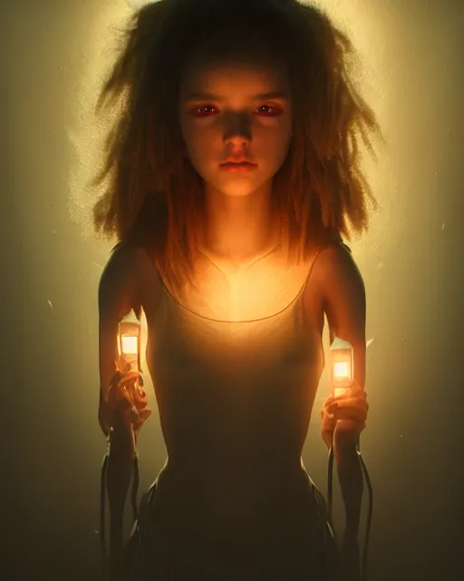 Image similar to Beautiful art portrait of a girl made of light in a dungeon, atmospheric lighting, intricate detail, cgsociety, hyperrealistic, octane render, RPG portrait, ambient light, dynamic lighting