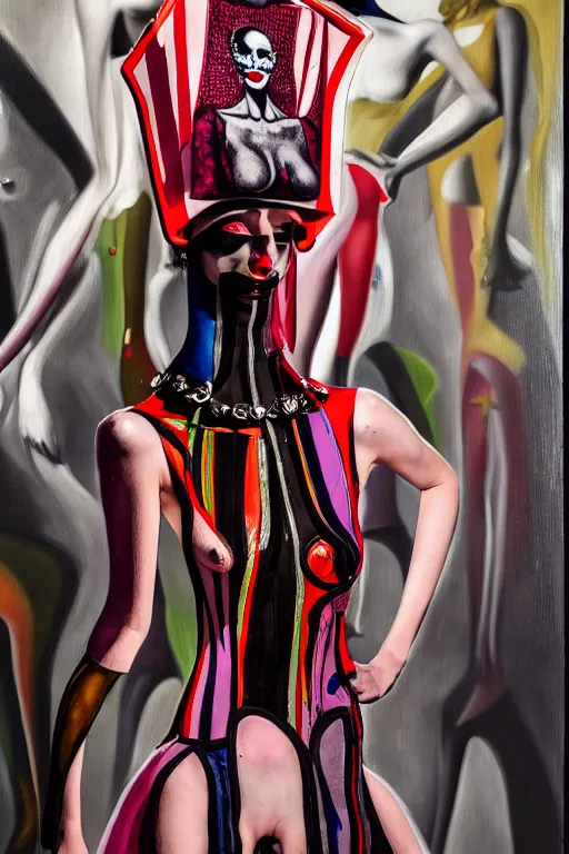 Image similar to crazy fashion catwalk, latex, constructivism, freak show, one model, crazy clothes, biopunk style, horror, hauntingly surreal, highly detailed painting by francis bacon, edward hopper, adrian ghenie, gerhard richter, and james jean 4 k