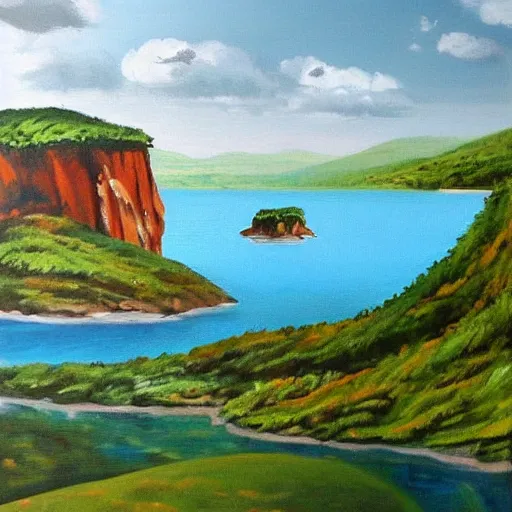 Prompt: acrylic painting of a lush natural scene on an alien planet by wim van de wege. beautiful landscape. weird vegetation. cliffs and water.