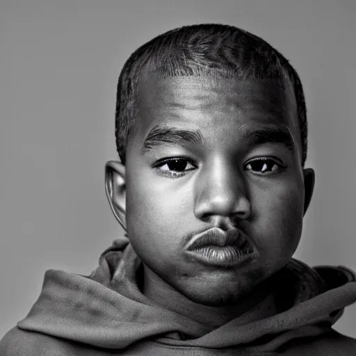 Image similar to the face of young kanye west wearing yeezy clothing at 7 years old, black and white portrait by julia cameron, chiaroscuro lighting, shallow depth of field, 8 0 mm, f 1. 8