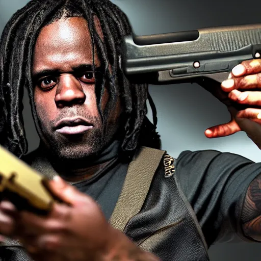 Image similar to Rapper Chief Keef holding a gun 4K quality super realistic digital art