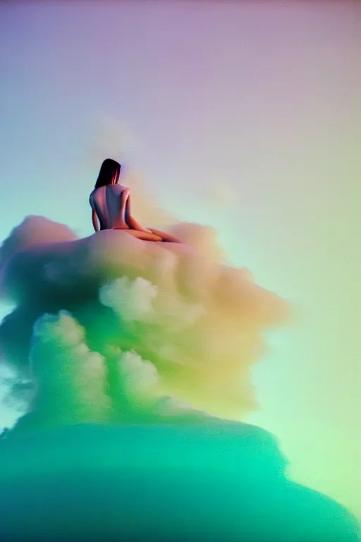 Image similar to high quality pastel coloured film close up wide angle photograph of a model wearing clothing swimming on cloud furniture in a icelandic black rock!! environment in a partially haze filled dreamstate world. three point light, rainbow. photographic production. art directed. pastel colours. volumetric clouds. pastel gradient overlay. waves glitch artefacts. extreme facial clarity. 8 k. filmic.