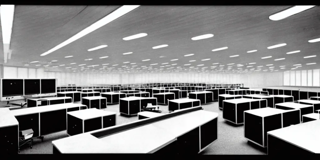 Image similar to a large 1970's computing room with 9-track machines and glowing screens. by IBM by Amdahl.