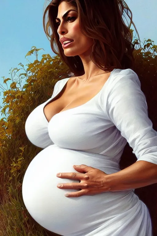 Image similar to pregnant eva mendes in a white dress, realistic portrait, symmetrical, highly detailed, digital painting, artstation, concept art, smooth, sharp focus, illustration, cinematic lighting, art by artgerm and greg rutkowski and alphonse mucha