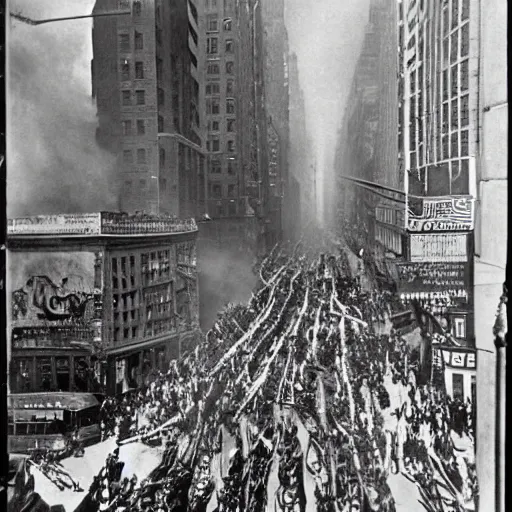 Prompt: old black and white photo, 1 9 1 3, depicting terminators rampaging through the bustling streets of new york city, historical record