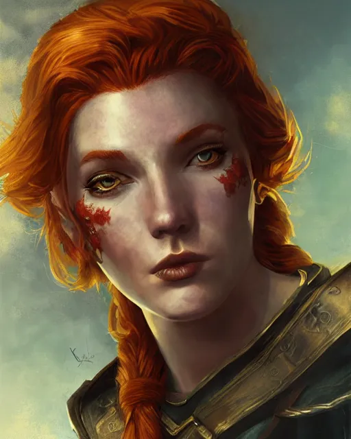 Prompt: the elder scrolls vi, charismatic rugged female redhead breton mage portrait, illustration, rim light, top light, perfectly shaded, golden hour, epic, intricate, soft painting, art by mark kent, jordan lamarre - wan, igor kieryluk, maxim verehin, miranda meeks