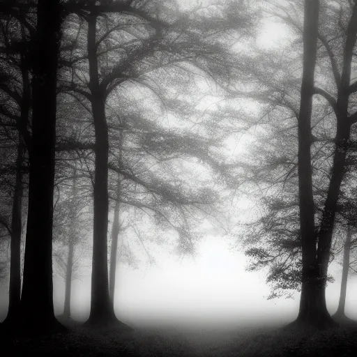 Image similar to deep misty forest with big black fluffy demon behind the tree, monochrome lomography