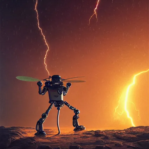 Prompt: UHD closeup of a Photorealistic Robot playing Drums during a wicked lightning storm on Mars, with a cool pose, by Antonio Caparo and Ferdinand Knab and Greg Rutkowski, UHD, photorealistic, trending on artstation, trending on deviantart