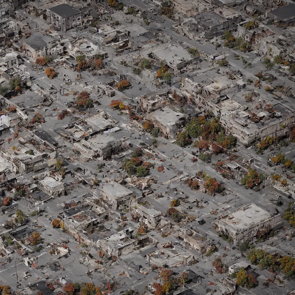 Image similar to top down aerial view of dilapidated city square in real life, desolate with zombies, dilapidated, zombies in the streets, nightmarish, some rusted style parked vehicles, sunny weather, few clouds, volumetric lighting, photorealistic, daytime, autumn, sharp focus, ultra detailed, cgsociety