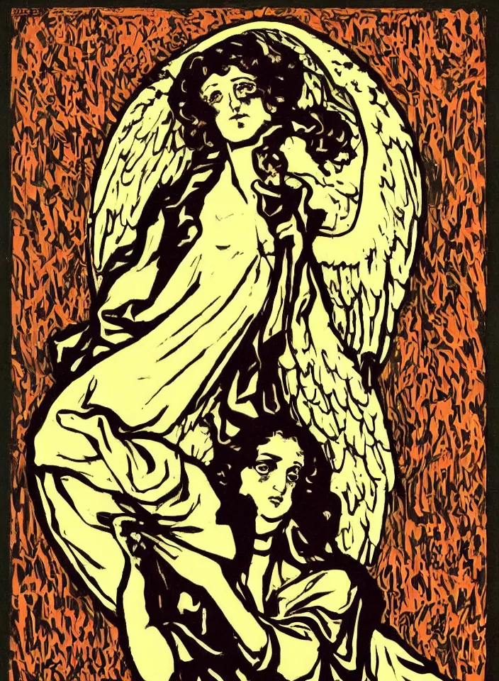 Image similar to detailed high contrast with bold lines angel holding a television, art nouveau, symbolist, visionary, gothic, horizontal symmetry