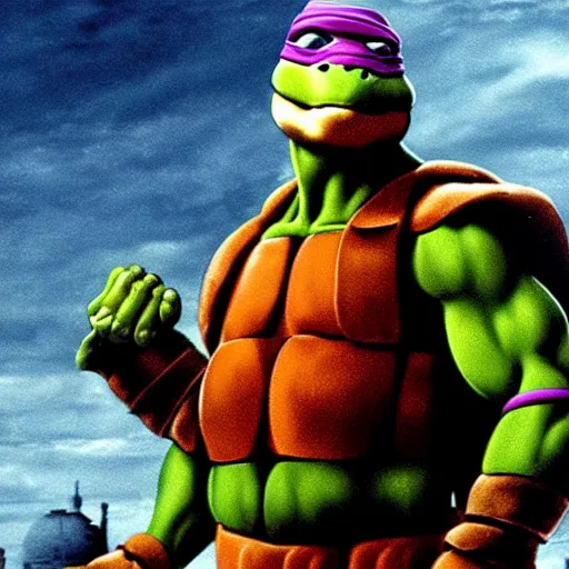 Image similar to film still of michelangelo ( tmnt ) standing on the hindenburg