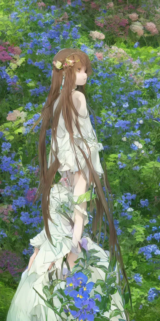 Image similar to a digital art of a loli with long hair in a dress in the privet garden at after noon, green and warm theme, mediumslateblue flowers, low angle, back lighting, by krenz cushart and mucha and akihito yoshida and greg rutkowski, highly detailed, 4 k resolution, trending on art station