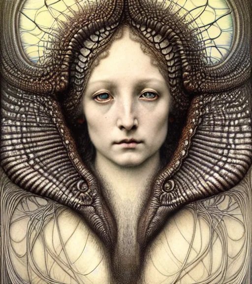 Image similar to detailed realistic beautiful moth goddess face portrait by jean delville, gustave dore, iris van herpen and marco mazzoni, art forms of nature by ernst haeckel, art nouveau, symbolist, visionary, gothic, neo - gothic, pre - raphaelite, fractal lace, intricate alien botanicals, ai biodiversity, surreality, hyperdetailed ultrasharp octane render