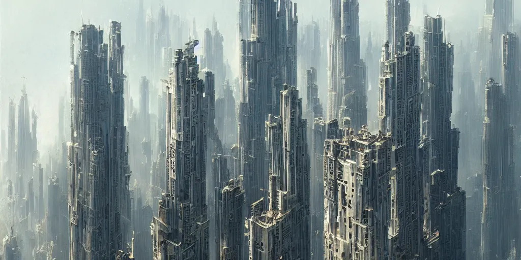Prompt: skyscrapers made from mechanical parts, greg rutkowski, 8 k, shallow depth of field, intricate detail, concept art,
