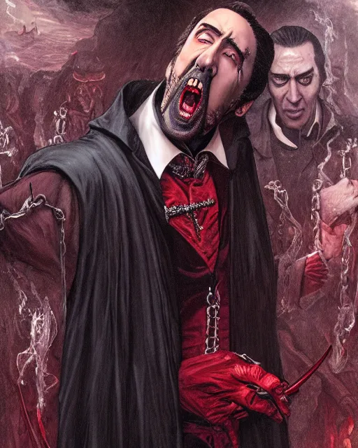 Image similar to nicolas cage as dracula, drink blood, highly detailed, centered, artstation, concept art, smooth, sharp focus, illustration, bokeh art by artgerm and donato giancola and joseph christian leyendecker