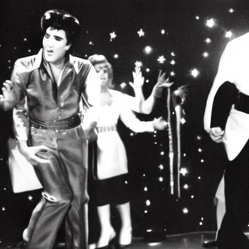 Image similar to black and white photograph of elvis dancing surrounded by aliens