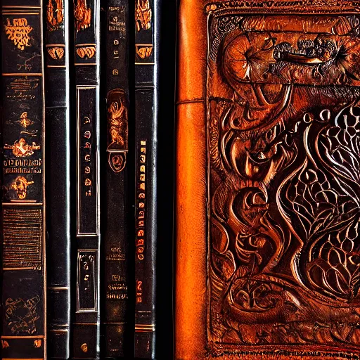 Prompt: a medium shot of a closed book sitting on a desk, the cover is ornately carved leather, beside the book is an ancient scroll, dark, single light, vignette, magic, fantasy, concept art, artstation, octane render, 4 k