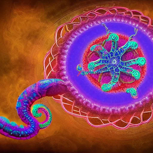 Image similar to a dramatic and beautiful digital matte painting of large iridescent octopus with legs made of fractal celtic knots, trending on cgartist, hi-fructose, mandala, string wall art, ultra detailed 8k