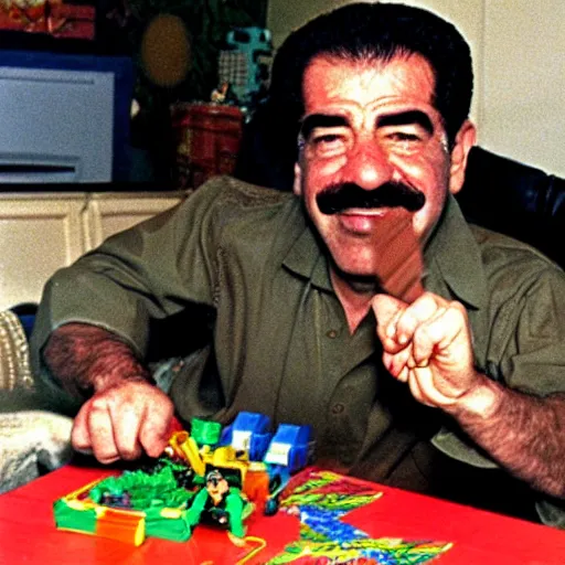 Image similar to saddam hussein playing with bionicle, christmas morning photo, 1990