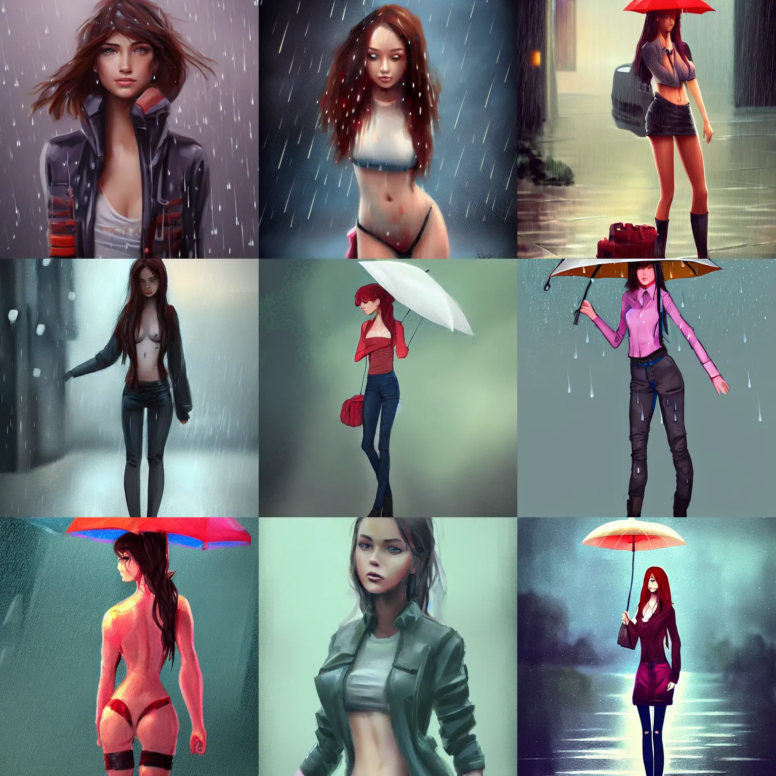 Prompt: pretty girl standing in the rain, modestly clothed ,trending on artstation
