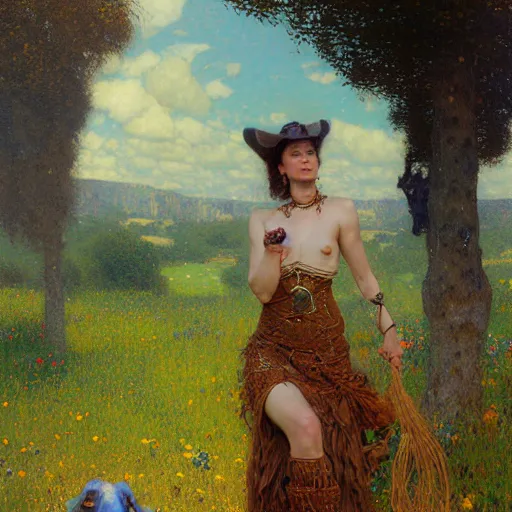 Prompt: portrait of a female cow woman wearing a dress. furaffinity farm fantasy highly detailed painting by gaston bussiere craig mullins jc leyendecker gustav klimt artgerm greg rutkowski john berkey, bergey, craig mullins, ruan jia, raymond swanland, jeremy mann, tom lovell, alex malveda