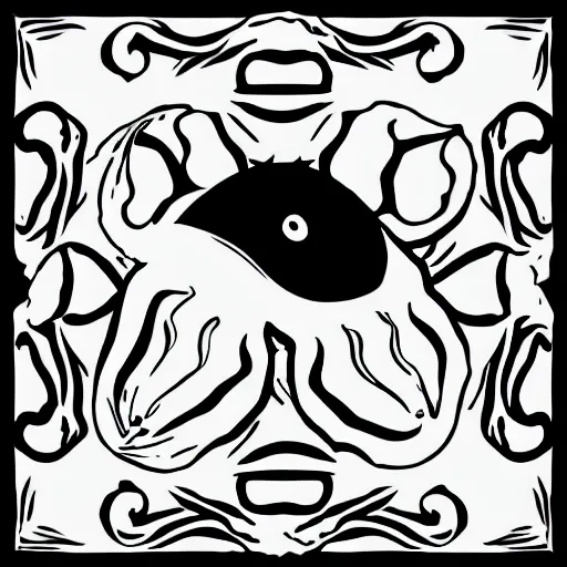 Image similar to very angry squid, 🦑 design, squared border, clean and sharp focus, very arranged detailed, minimalist, black and white, mad cuttlefish, cute decapodiformes