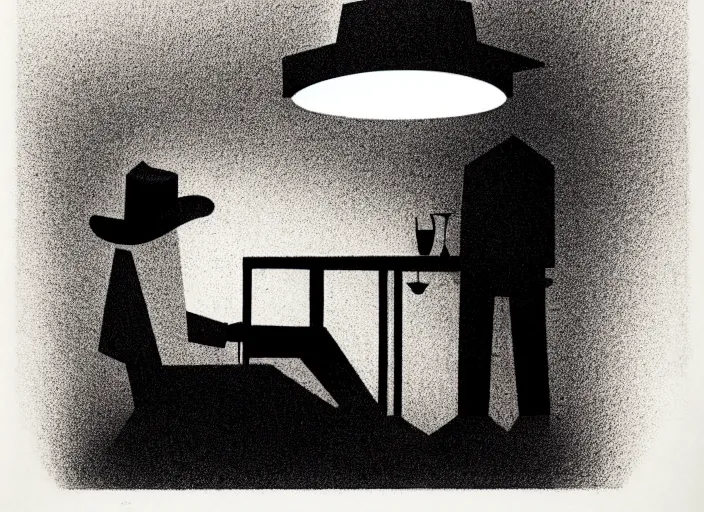 Image similar to (((detective in a hat interogating a suspect at a table))), colorful,bauhaus, Mads Berg, Karolis Strautniekas,small finely stippled light, dramatic lighting,fine texutre, editorial illustration, detailed, matte print, dynamic composition,moody, cinematic, film grain