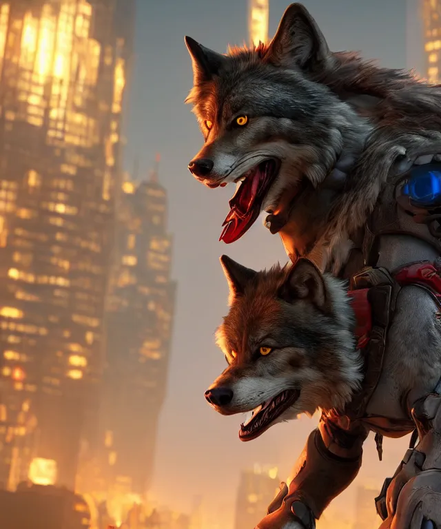 Image similar to a male anthropomorphic dark gray wolf, long red hair, blue eyes, in a futuristic city, hyper detailed, digital art, trending in artstation, cinematic lighting, studio quality, smooth render, unreal engine 5 rendered, octane rendered, art style by pixar dreamworks warner bros disney riot games and overwatch.