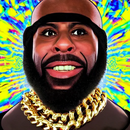 Image similar to a photograph of joe rogan as mr. t wearing many gold chains with a psychedelic dmt background