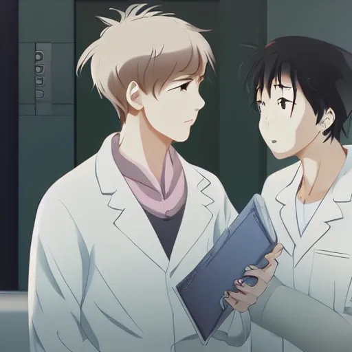 Image similar to a cute and beautiful young lady wearing white coat are talking with a handsome young man wearing white coat in a hospital ward, highly detailed, slice of life anime, illustration, anime scenery by Makoto shinkai