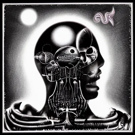 Image similar to post - punk new age album cover, psychedelic, black white pink, magic, giger h. r.