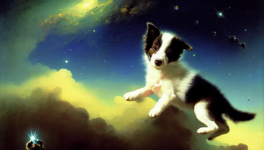 Prompt: highly detailed painting of cute baby border collie puppy astronaut cosmonaut wearing a spacesuit by ivan aivazovsky, thick brush strokes and visible paint layers, 4 k resolution, outer space nebula background