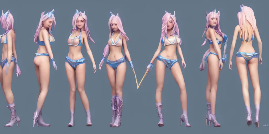 Image similar to Character sheet of gorgeous pool party lux (League of Legends). 3d octane render trending on artstation