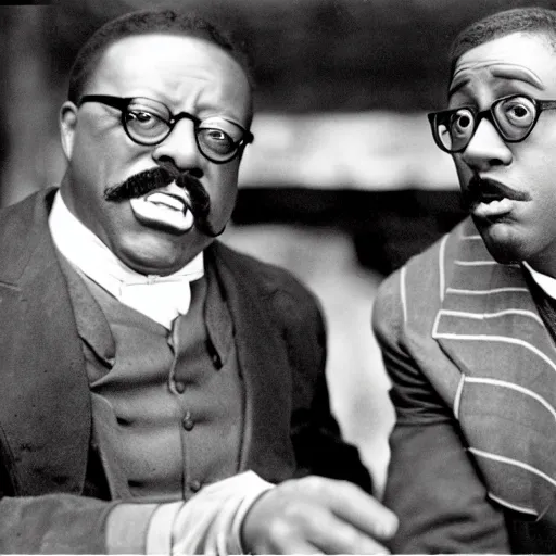 Image similar to cinematic shot of teddy roosevelt and urkel in the bar, yelling at each other