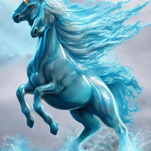 Prompt: a fantastical translucent small turquoise horse made of water, liquid, fluid and foam, ethereal, noble, radiant, hyperalism, scottish folklore, digital painting, artstation, concept art, smooth, 8 k frostbite 3 engine, ultra detailed, art by artgerm and greg rutkowski and magali villeneuve