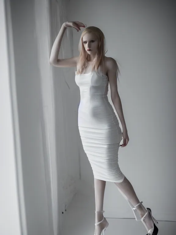 Image similar to studio photo of gorgeous seductive tall emily skinner cosplaying annie leonhart wearing heels, wearing tight white wet dress, in a white room, beautiful face, pale skin, rule of thirds, cinematic lighting, sharp focus, backlit, stunning, smooth, hard focus, full body shot, shot on sony a 7 iii