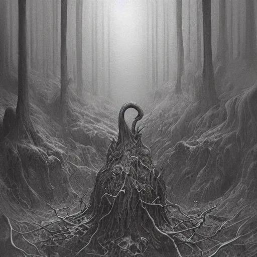 Image similar to concept art of a eldritch creature with 4 legs, skull, fantasy, forest, heavy fog, wayne barlowe and zdzislaw beksinski