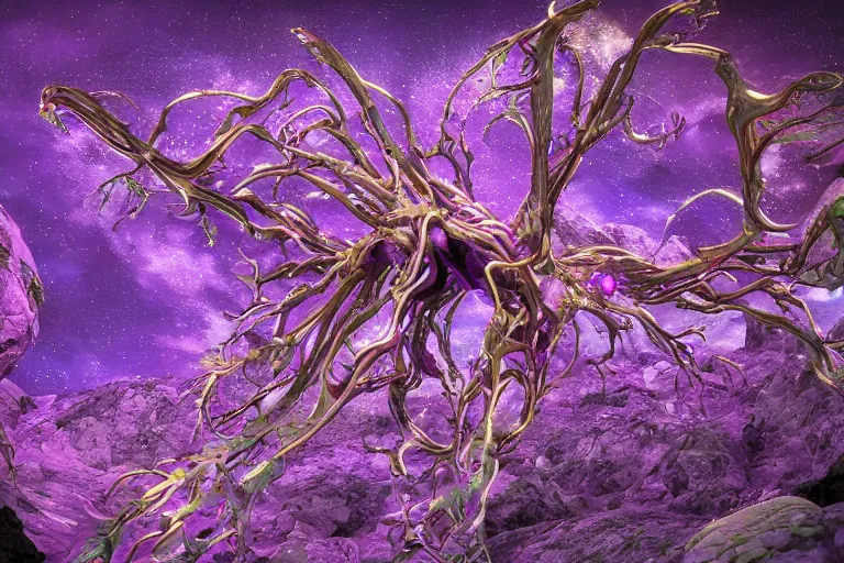 Prompt: a complex, elaborate organism with six limbs and trilateral symmetry that occupies a a low gravity alien landscape with violet accented megaflora, organic details, vivid lighting with cold colors, photorealistic graphical style, mountainous environment, 3 5 mm lens