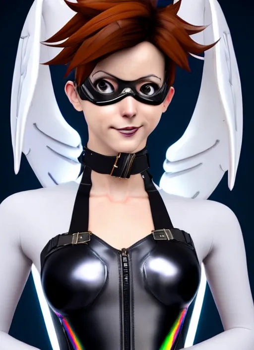Image similar to portrait bust digital artwork of tracer overwatch, wearing white iridescent rainbow latex and leather straps catsuit outfit, 4 k, expressive happy smug expression, makeup, in style of mark arian, angel wings, wearing detailed black leather collar, chains, black leather harness, detailed face and eyes,