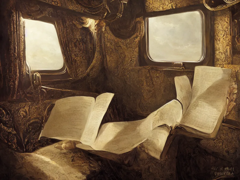 Image similar to detailed painting of a magical book laying open on the seat of a train car by Pieter Claesz and Krenz Cushart, fantasy, dramatic light