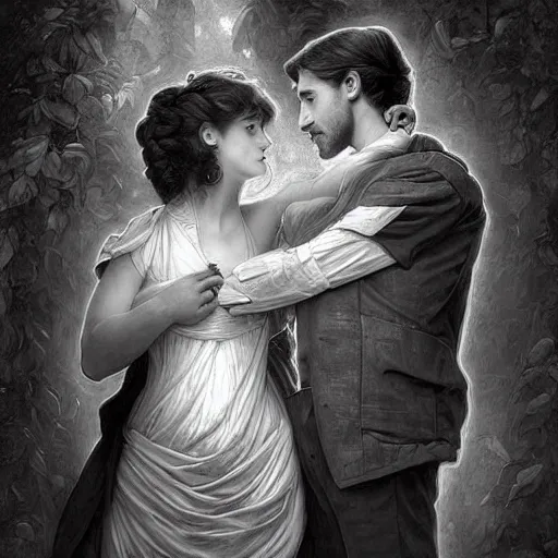 Image similar to tight hug between a couple, while they are watching TV, black and white color scheme, HD, in focus, Regal, Realistic, Refined, Detailed Digital Art, Josephine wall, Oil Painting, William-Adolphe Bouguereau, Art Frahm, Esao Andrews, Steampunk, Walt Disney (1937), Highly Detailed, Cinematic Lighting, Unreal Engine, 8k, HD