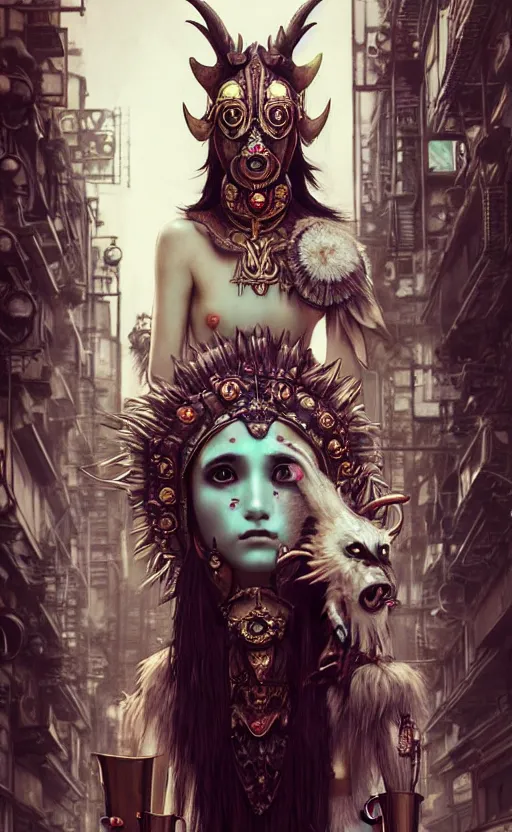 Image similar to hyper realistic Princess Mononoke ornate mask, wet market street, cyberpunk metropolis, city landscape, jewels, full body pose, full moon, style of tom bagshaw, mucha, james gurney, norman rockwell, denoised, sharp