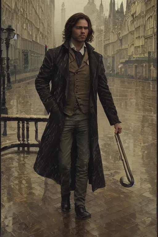 Prompt: a detailed matte portrait of sam \ winchester in a supernatural sherlock holmes story, 1 8 th century london in the rain, city streets, ominous, masterpiece, 8 k, art by alphonse mucha and greg rutkowski