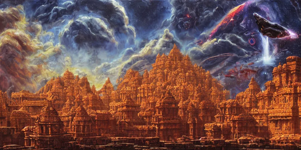 Image similar to fantasy oil painting, mega structure city, indore, kailasa temple, ellora, argos, hybrid, looming, small buildings, warm lighting, street view, overlooking, interstellar space port launching dock, epic, distant mountains, bright clouds, luminous sky, cinematic lighting, michael cheval, david palladini, artstation, oil painting, natural tpose