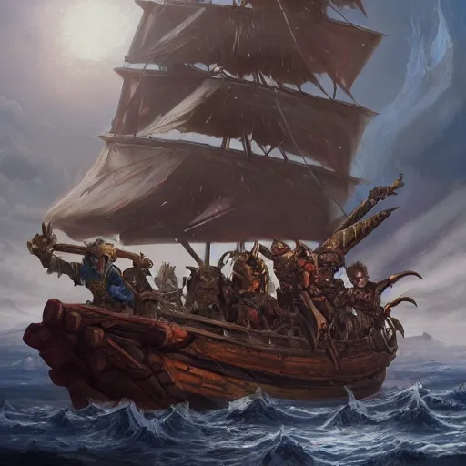 Image similar to a group of dnd adventurers aboard a galleon in the middle of a cataclysm, epic, fantasy, artstation, hd