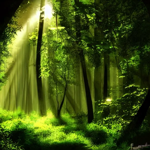 Image similar to A lush green forest in the morning; rays of light coming through the canopy; trending on artstation